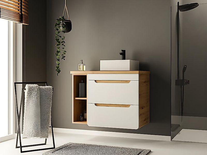 Waschbeckenunterschrank hängend mit Einzelwaschbecken & Ablagen - 80 cm - N günstig online kaufen