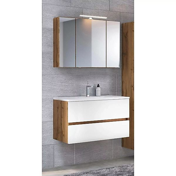 Badezimmer Waschtisch Set in Wotaneiche Nb. mit matt weiß LOUROSA-03 inkl. günstig online kaufen