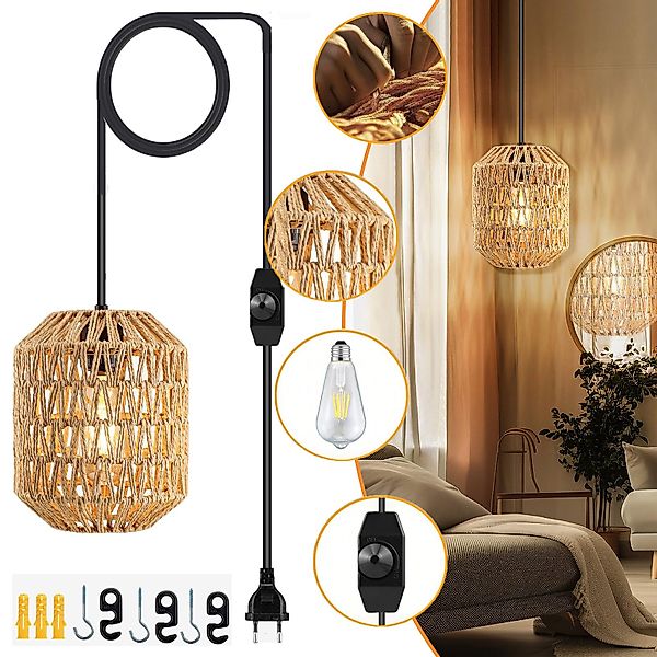 MUPOO Pendelleuchte Hängelampe Boho Rattan Lampenschirm günstig online kaufen