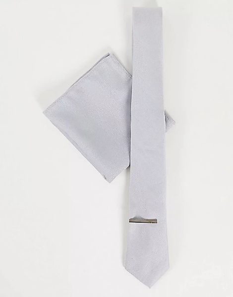 Topman – Krawatte, Krawattennadel und Einstecktuch im Set in silberfarben günstig online kaufen