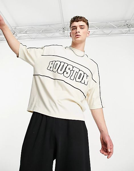 ASOS DESIGN – Oversize T-Shirt in Beige mit „Houston”-Cityprint-Neutral günstig online kaufen