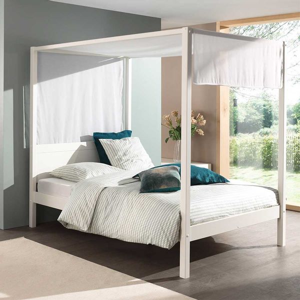 Himmel Bett in Weiß Kiefer Massivholz günstig online kaufen