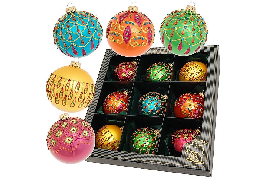 Krebs Glas Lauscha Weihnachtsbaumkugel 9er Set - Grün/Blau/Rot/Safran - ca. günstig online kaufen