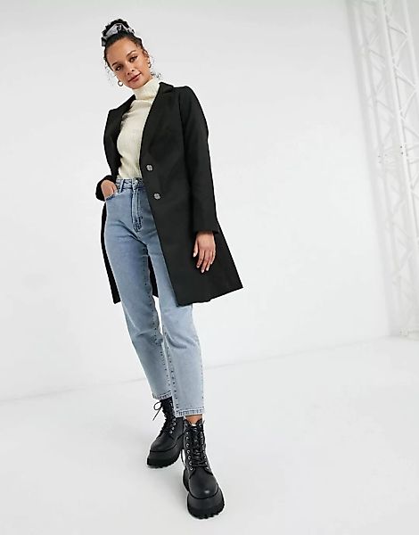 New Look – Schwarzer, taillierter Mantel mit Gürtel günstig online kaufen