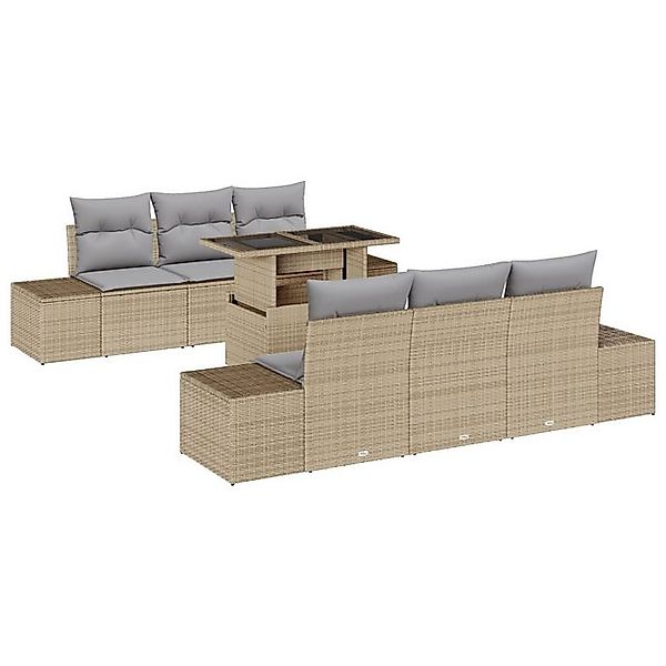 vidaXL Loungesofa 7-tlg. Garten-Sofagarnitur mit Kissen Beige Poly Rattan, günstig online kaufen