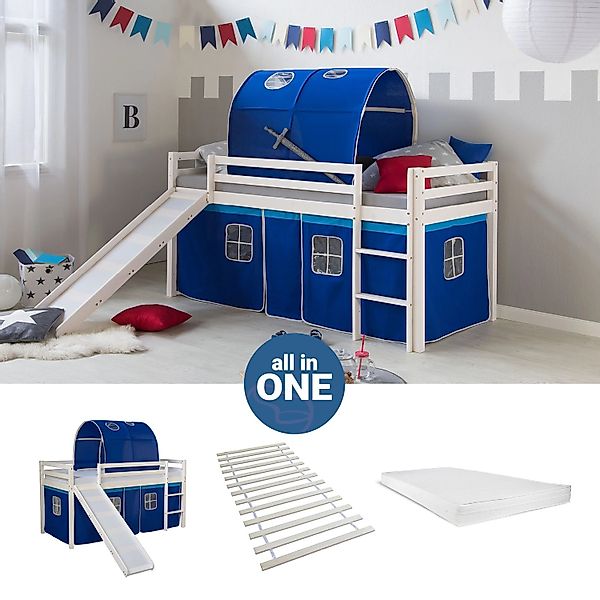 Homestyle4u Hochbett 90x200 mit Vorhang Lattenrost Matratze Rutsche Tunnel günstig online kaufen