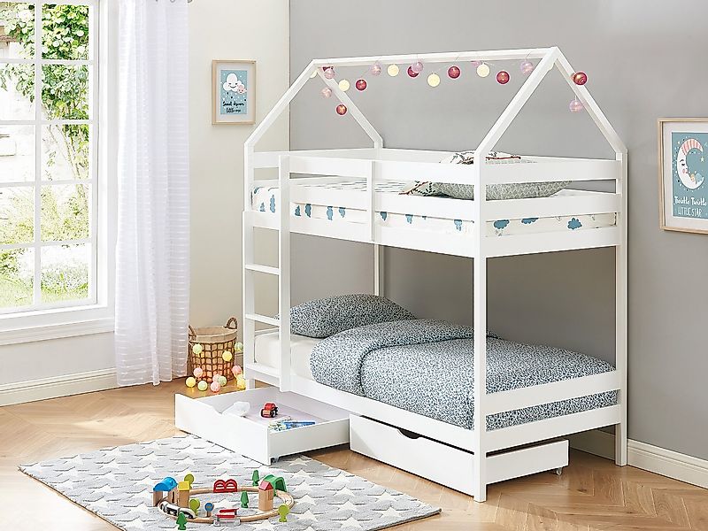 Etagenbett Hausbett mit 2 Schubladen + Matratze - Kiefernholz - 2 x 90 x 19 günstig online kaufen