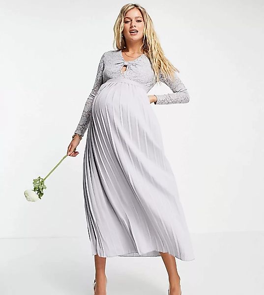 Little Mistress Maternity – Plissiertes Midi-Skater-Kleid mit Spitzenoberte günstig online kaufen