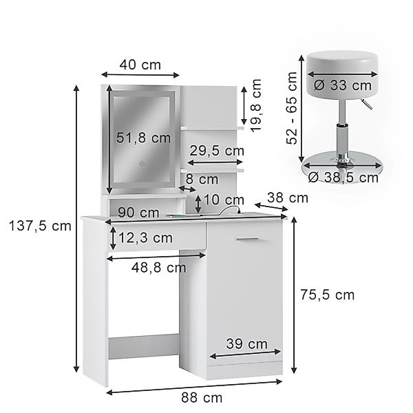 Vicco Schminktisch Julia Weiß 90 cm mit LED-Spiegel QI-Ladegerät und Hocker günstig online kaufen