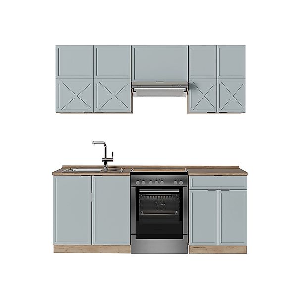Vicco Fame-Line Küchenzeile Hellblau-grau/Goldkraft Eiche 200 cm AP Eiche günstig online kaufen