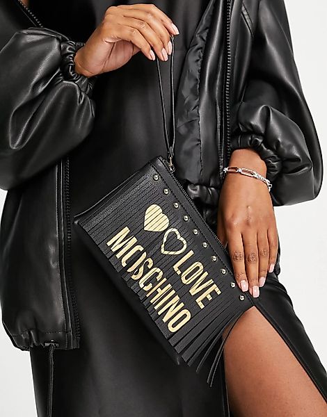 Love Moschino – Kleine Umhängetasche mit Logo und Fransen, in Schwarz günstig online kaufen