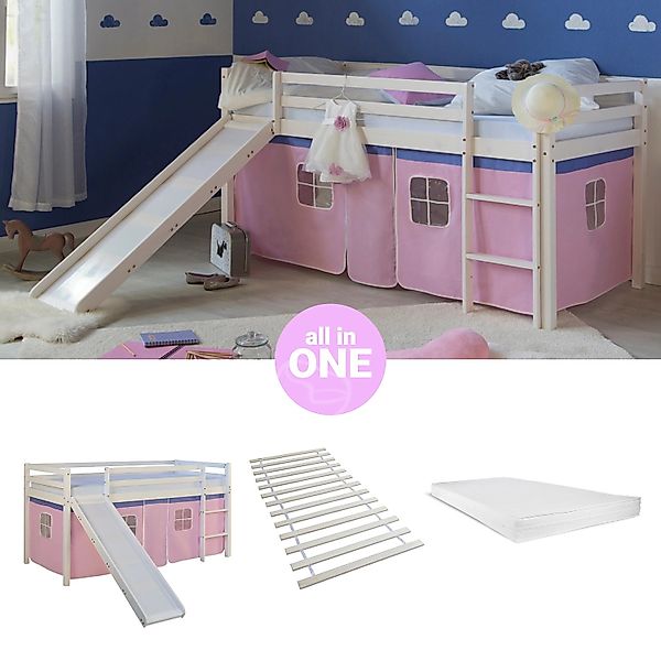Homestyle4u Hochbett 90x200 mit Vorhang Lattenrost Matratze Rutsche in Weiß günstig online kaufen