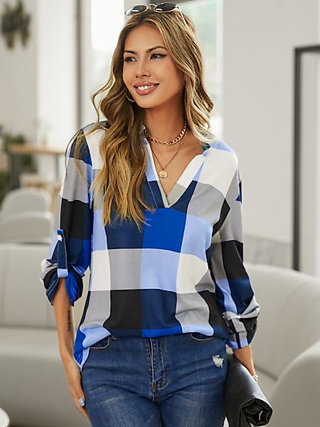 Blue Color Block Check Bluse mit gebogenem Saum und V-Ausschnitt günstig online kaufen