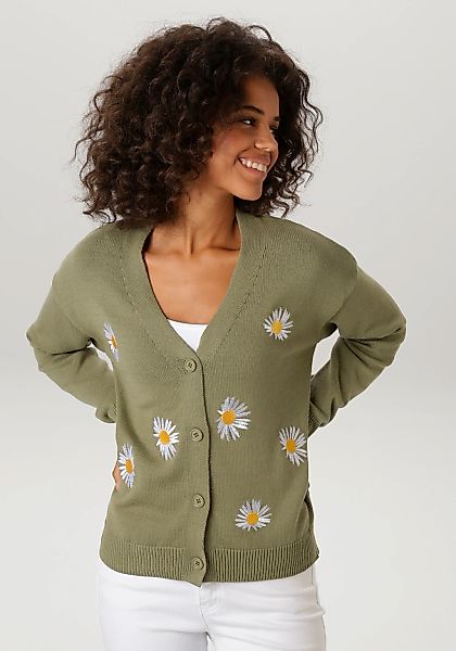 Aniston CASUAL Strickjacke mit aufgestickten Margeriten verziert günstig online kaufen