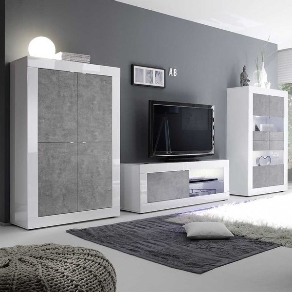 Design Wohnwand in Beton Grau und Weiß Hochglanz Metallgriffen (dreiteilig) günstig online kaufen