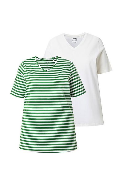 Ulla Popken T-Shirt T-Shirts 2er-Pack Ringel/uni V-Ausschnitt Halbarm günstig online kaufen