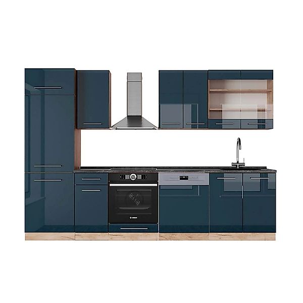 Vicco Fame-Line Küchenzeile Dunkelblau Hochglanz/Goldkraft Eiche 300 cm AP günstig online kaufen