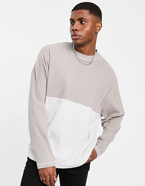 ASOS DESIGN – Langärmliges, geripptes Oversize-Shirt in Beige mit Blockfarb günstig online kaufen