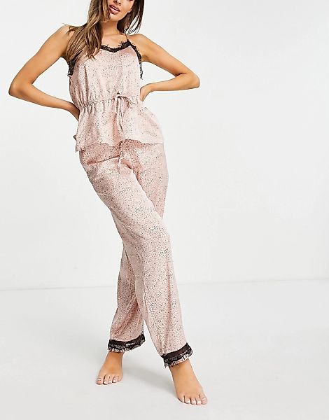 Vero Moda – Pyjama-Set aus Satin in Rosa mit Spitzenborte und abstraktem Pr günstig online kaufen