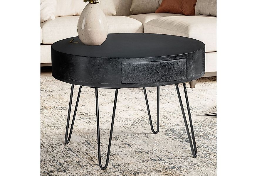 FINEBUY Couchtisch FB106176 Massivholz rund Ø 60 cm Wohnzimmertisch Schubla günstig online kaufen