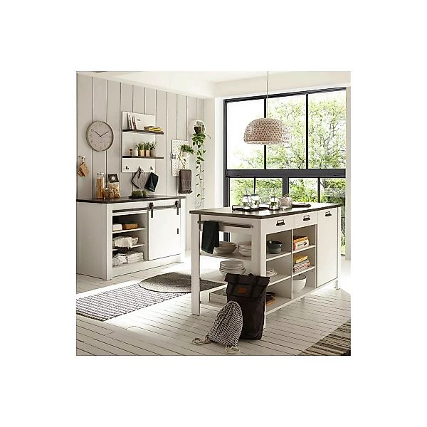 Küchen Set mit Spülschrank, Kücheninsel und Wandregal SHELTON-61 in Pinie w günstig online kaufen