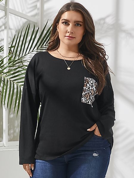 Plus Size Rundhals-T-Shirt mit Leoparden-Patchwork und langen Ärmeln günstig online kaufen