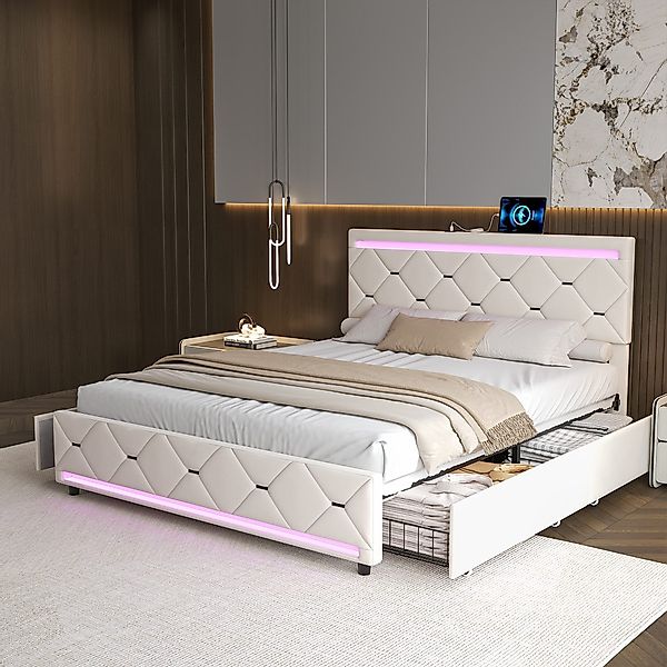 Gdood Polsterbett Stauraumbett Doppelbett LED USB günstig online kaufen