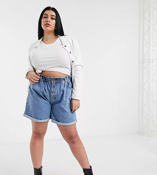 Only Curve – Blaue Jeans-Shorts mit gerafftem Bund günstig online kaufen