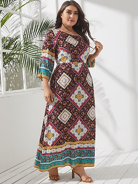 YOINS Plus Größe Rundhals Tribal 3/4 Länge Ärmel Maxi Kleid günstig online kaufen