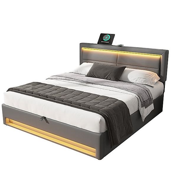 Flieks Polsterbett, LED Doppelbett 160x200cm mit USB-Anschluss und hydrauli günstig online kaufen