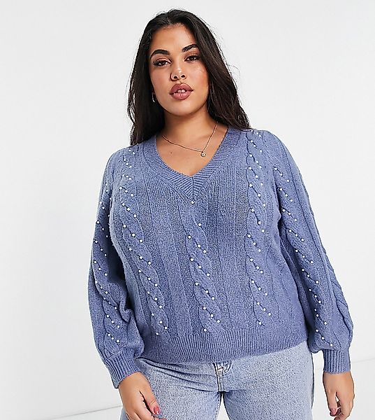 Fashion Union Plus – Locker geschnittener Pullover mit V-Ausschnitt und Per günstig online kaufen