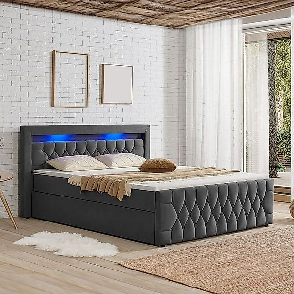 Juskys Polsterbett Leona, 140x200 cm, Boxspringbett-Optik, Samt-Bezug, LED- günstig online kaufen