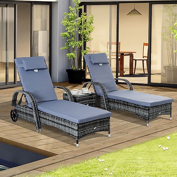 Outsunny Sonnenliege Gartenliege Tisch 3er-Set Gartenmöbel, Polyrattan+Meta günstig online kaufen