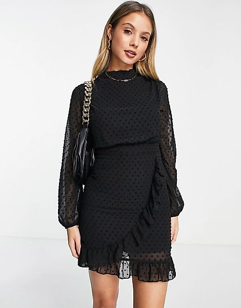 Trendyol – Minikleid aus gepunktetem Netzstoff mit Wickeltaille-Schwarz günstig online kaufen