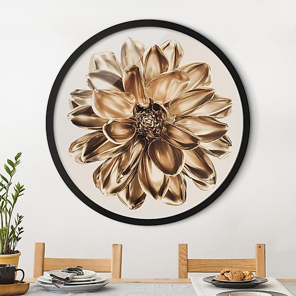 Rundes Bild mit Rahmen Dahlie Blume Gold Metallic günstig online kaufen