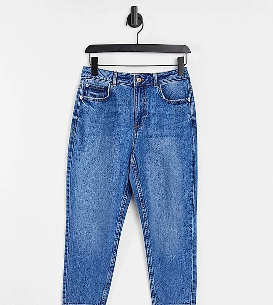 New Look Petite – Mittelblaue Mom-Jeans mit bestickter Tasche günstig online kaufen