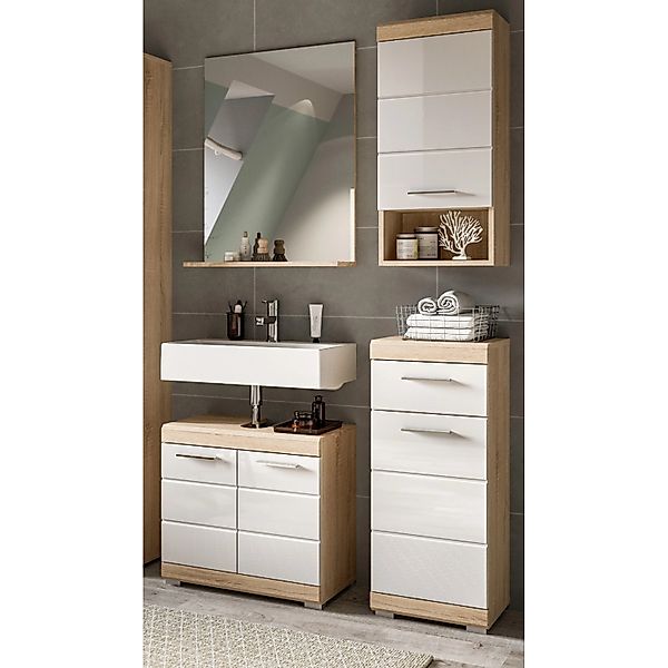 Inn.Furn Badmöbel Set 4-teilig in Weiß Hochglanz und Eiche 112 cm Mambo günstig online kaufen