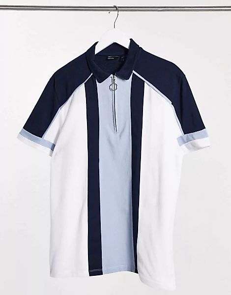 ASOS DESIGN – Polohemd aus weißem Pikee mit Farbblockdesign in Blau und Rei günstig online kaufen