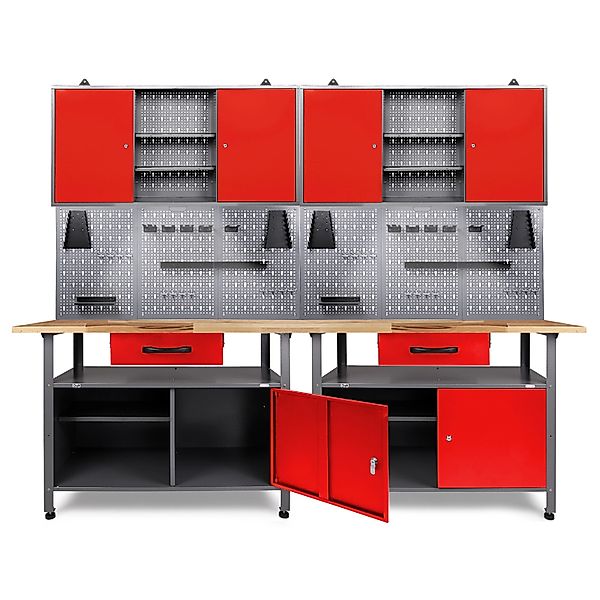 Ondis24 Werkbank Set Klaus 240 cm 2 Schränke LED Rot Werkstatt günstig online kaufen