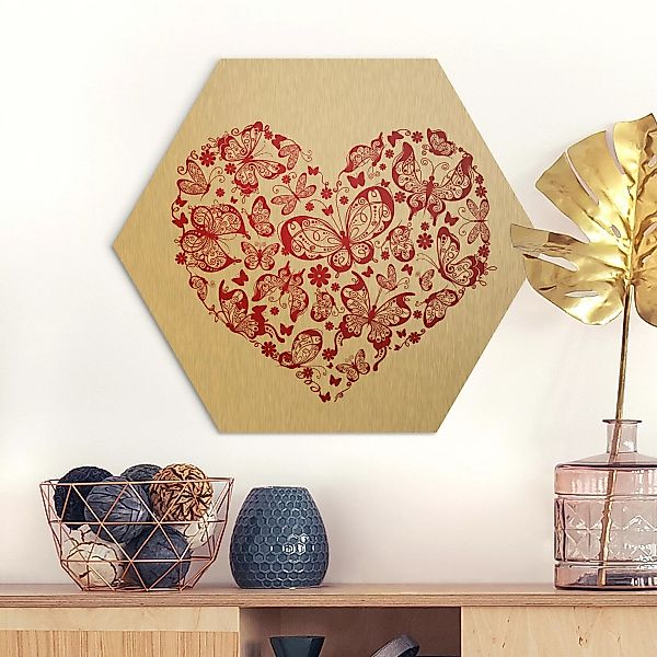 Hexagon-Alu-Dibond Bild Tiere Herz aus Schmetterlingen günstig online kaufen