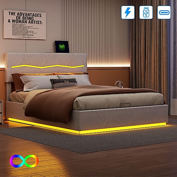 PXloue Polsterbett LED Doppelbett Jugendbett (USB- günstig online kaufen