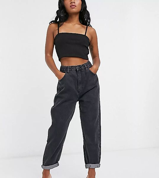 Pull&Bear Petite – Schwarze Mom-Jeans mit elastischem Bund günstig online kaufen