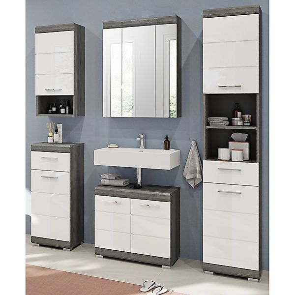 Inn.Furn Badmöbel-Set Weiß Hochglanz Grau 5-teilig 164 cm 22 Fächer Shawn günstig online kaufen