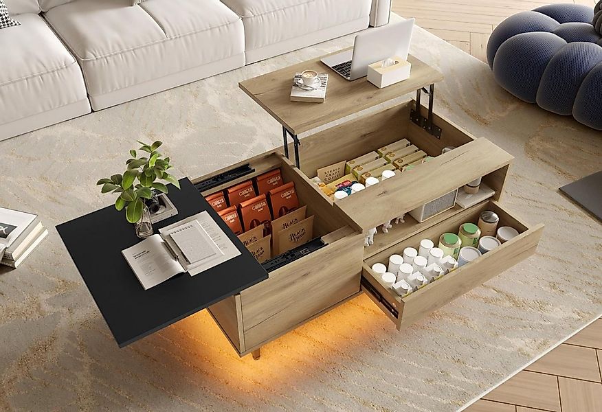 LVHOM Couchtisch mit LED, 4 Stauraum (Schubladen, offene/versteckte Fächer) günstig online kaufen