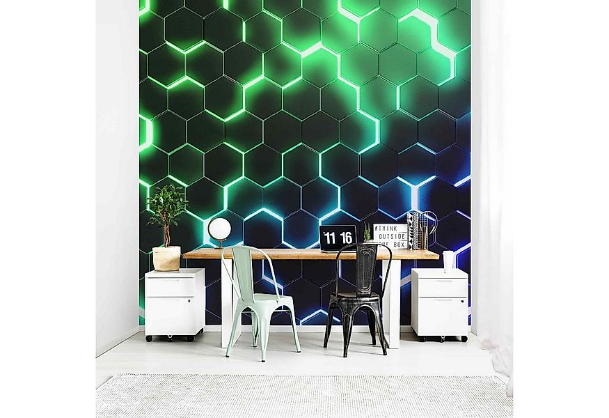 Bilderdepot24 Mustertapete Hexagone Neonlicht Grün 3D-Optik Muster Neon Art günstig online kaufen
