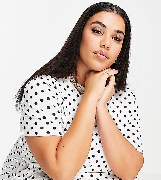 Yours – Maxi-Hängerkleid in Weiß mit schwarzem Punktemuster günstig online kaufen