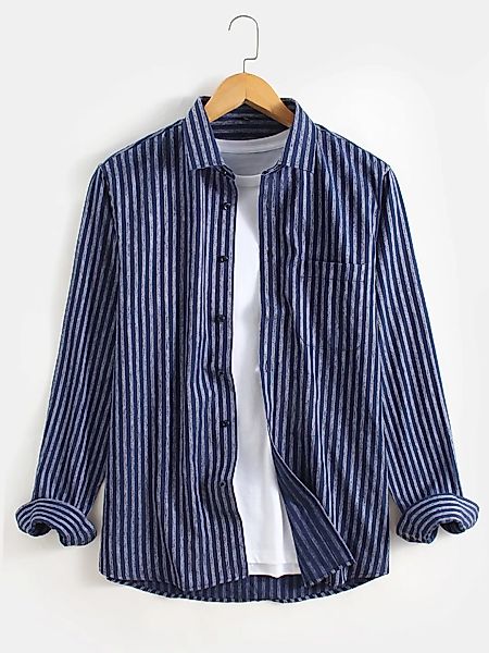 Herren Vertical Stripe Jacquard Cotton Casual Brusttasche Langarmhemden günstig online kaufen