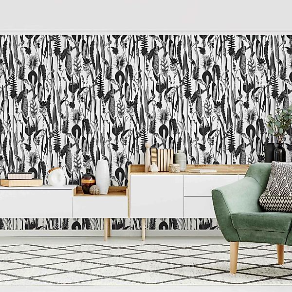 Mustertapete Tropisches Luxus Muster Schwarz-Weiß günstig online kaufen