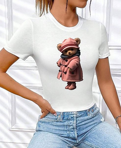 RMK Kurzarmshirt Damen T-Shirt kurzarm Top Sommer Rundhals süßer Teddybär B günstig online kaufen