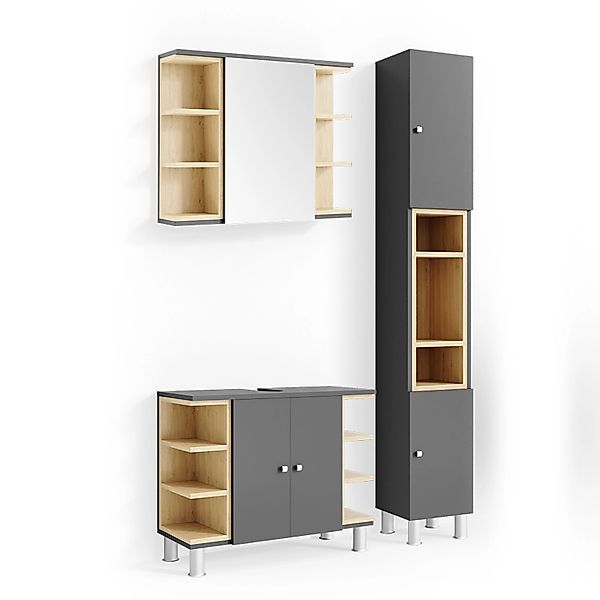 Vicco Badmöbel-Set Aquis Anthrazit/Sonoma 3 Teile mit Hochschrank günstig online kaufen